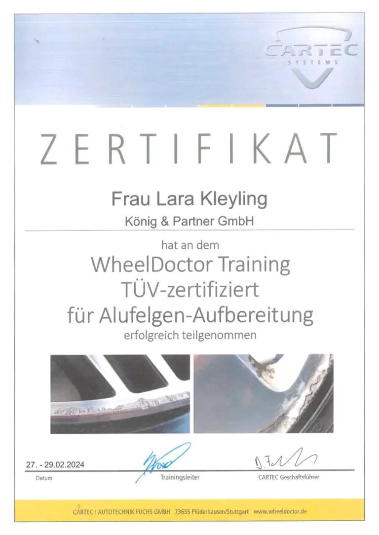 Zertifikat für Lara Kleyling von Autohaus König & Partner über die erfolgreiche Teilnahme am WheelDoctor-Training zur Alufelgen-Aufbereitung.