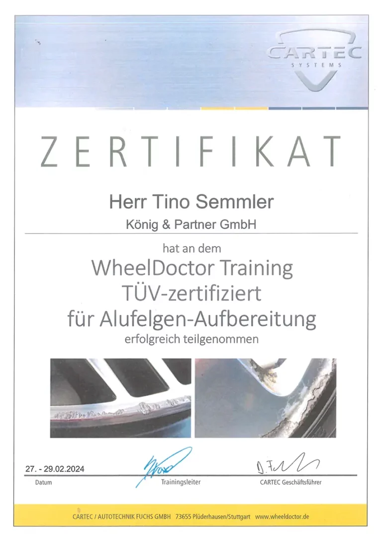 Zertifikat für Tino Semmler von Autohaus König & Partner über die erfolgreiche Teilnahme am WheelDoctor-Training zur Alufelgen-Aufbereitung.