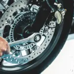 Symbolbild Hand schraubt mit Werkzeug an Motorradreifen - Stellenangebot Zweiradmechatroniker/-in (m/w/d)