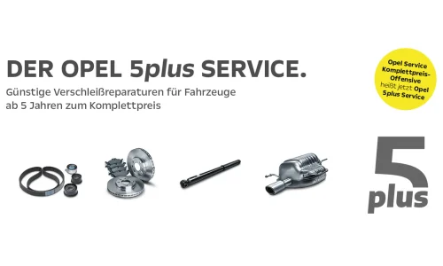 Der Opel 5plus Service (ehemals Opel Service Komplettpreis-Offensive): Günstige Verschleißreparaturen für Fahrzeuge ab 5 Jahren zum Komplettpreis.