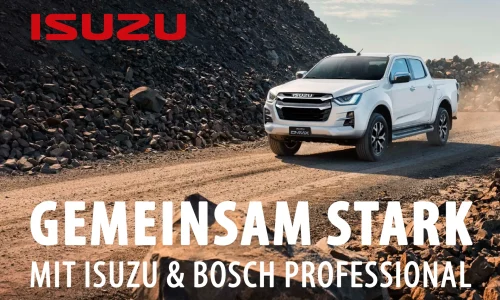 ISUZU D-MAX LSE in Weiß fährt auf staubiger Straße, Logo von ISUZU und Text 